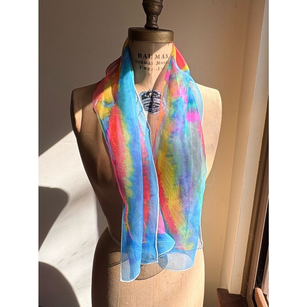 Vintage Sheer Rainbow Scarf Watercolor Lightweight Chiffon